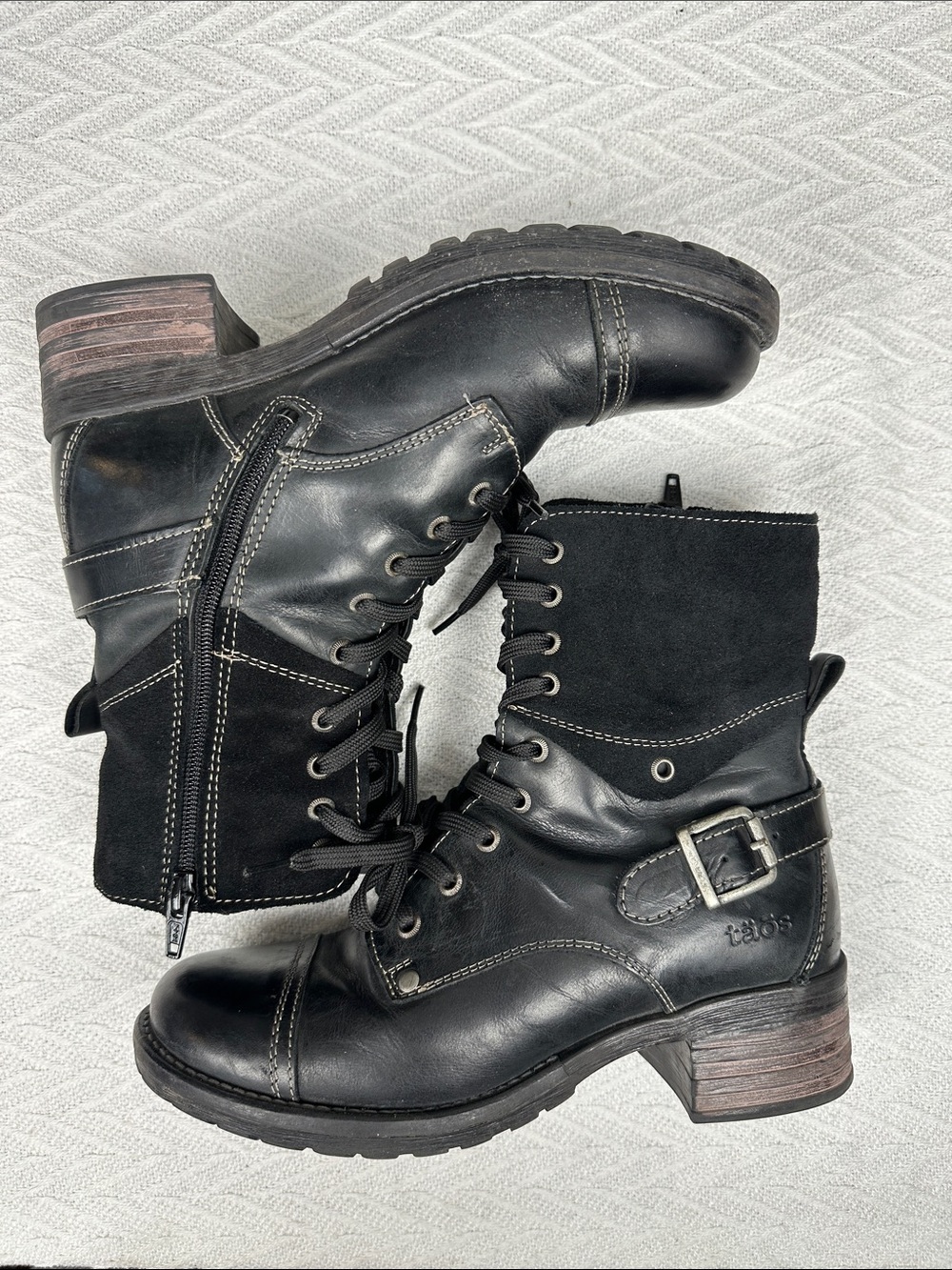 Taos Crave Leather Black Lace-Up Buckle Combat Boots zipper chunky block heel